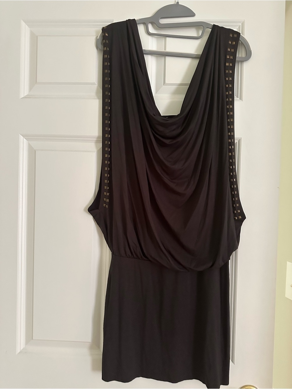 Soprano dark grey Top with Stud Detailing draping back/front with tee inside.